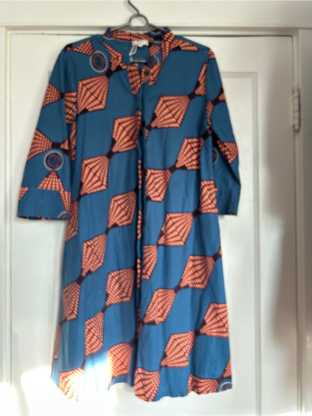 Women’s Zuri Slate Blue & Coral Orange Printed Midi Shirt Dress from Kenya